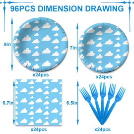 96 piezas de decoración de fiesta de cielo azul y nubes blancas, platos de papel de cielo azul, servilletas de nubes blancas, tenedores para niños y niñas, suministros para fiesta de cumpleaños
