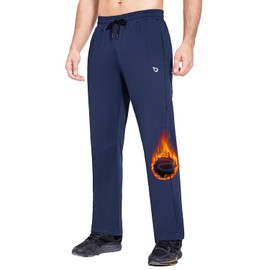 BALEAF Men's Fleece Lined Pants Winter Athletic Workout Hiking Track Thermal Warm Open Bottom Sweatpants with Zipper Pockets Blue L