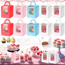 25 Pcs Individual Cupcake Containers, Cupcake Gift Boxes with Window, Sturdy Single Cupcake Boxes, with Insert & Handles and PVC Display Window, for Birthday Party Wedding (5 Colors)