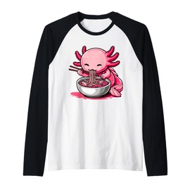 Funny Axolotl Eating Japanese Food Ramen Noodles Bowl Raglan Baseball Tee