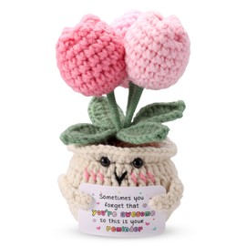 TOYMIS Positive Tulip, Cute Emotional Crochet Tulip Doll Support Handmade Pink Knitted Flower Plant Plush with Encouragement Card for Adults Kids Friends