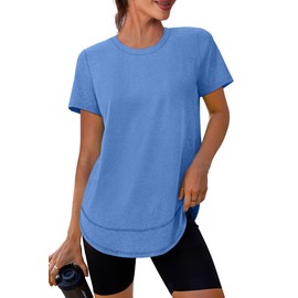 Short Sleeve Shirts for Women Workout Yoga Tops Sun Protection Clothing Summer Outfits Rash Guard Side Slit Blue XL