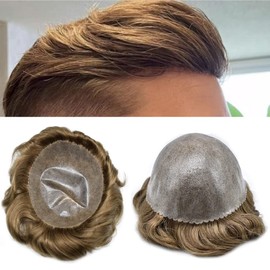 Healthlif Toupee For Men Hair Pieces Mens Toupee Human Hair Replacement System 0.1mm Poly Skin Hair Replacement For Men Hair Units Protesis Capilar8X10-120% Density#17R Brown/Blonde Mix Warm Tone