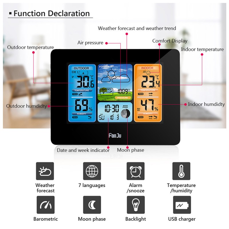 FJ3373 Multifunction Digital Weather Station LCD Alarm Clock Indoor Outdoor