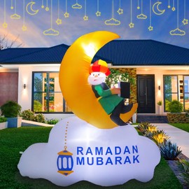 Dawdix 5FT Inflatable Ramadan Decorations, Blow Up Ramadan Crescent Moon with LED Lights, Muslim Islamic Eid Mubarak Inflatables Decor for Outdoor Holiday Party, Yard, Garden
