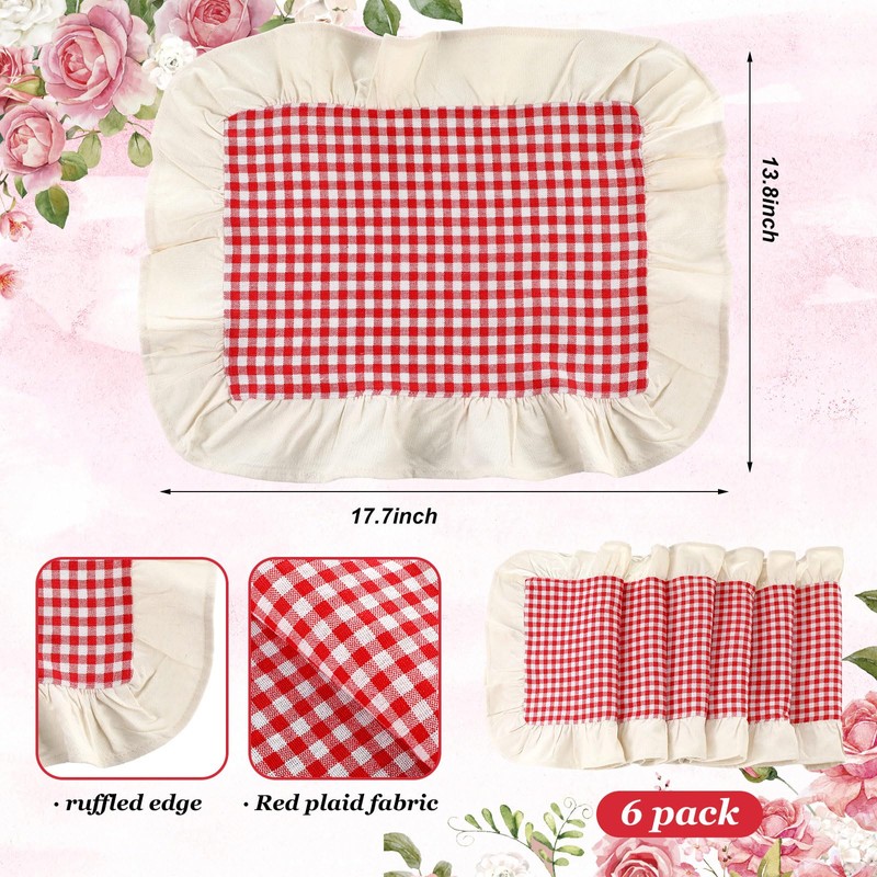 Set of 6 Rectangle Red Gingham Placemats Red White Checkered
