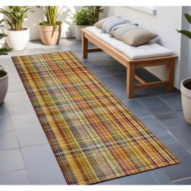 Homeroots 8' Runner Orange Plaid Washable Non Skid Indoor Outdoor Runner Rug