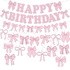19pcs Pink Bowknot Happy Birthday Decorations,Pink Bow Bunting Garland Party Birthday Banner Coquette Hanging Swirls Decorations for Girls Baby Shower Wedding Bowknot Party Supplies