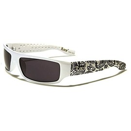 Locs Paisley Bandana Print Slim Rectangular Retro Wrap Around Sunglasses (White & White Bandana Frame, Black Lenses)