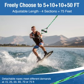 Affordura Water Ski Rope Wakeboard Rope with Handle Ski Ropes for Water Skiing, Ski Tow Rope for Tubing 4 Sections Tube Tow Rope for Watersports, Storing Bag Included (75 Feet, Green-Black)