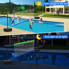 Alpcouts Pool Volleyball Net Set with Lights, Solar Powered Portable Outdoor LED Volleyball Net for Pool with 2 Glowing Balls,Pump and Weighted Bases, Adjustable Length 15ft-32ft for Inground Pool.