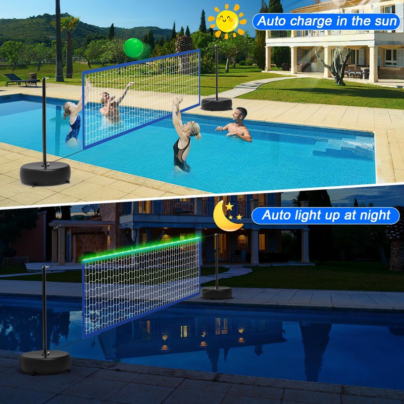 Alpcouts Pool Volleyball Net Set with Lights, Solar Powered Portable