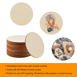 Coopay 60 Pieces 4 Inch Wooden Circles, Unfinished Round Wood Slices Natural Wooden Cutouts for Door Hanger, Painting, Wedding, Home Decoration DIY Wood Craft Supplies