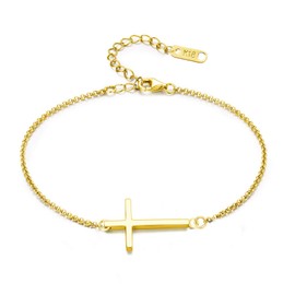 MOMOL Sideways Cross Bracelet, 18K Gold Plated Stainless Steel Religious Cross Bracelet Christian Faith Bracelet Classic Cross Charm Bracelet for Women