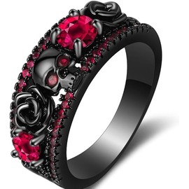 Retro Stainlless Steel Black Gold Plated Skull Ring Ring punk inlaid zircon ring (Red, 8)