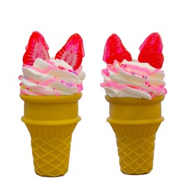 LONG XIN SERIES 2PCS Strawberry Topped Realistic Fake Ice Cream Display Non-Melting Dessert Model Pink Strawberry Sauce Sprinkles for Bakery Photography Food Staging Props Kitchen Counter Decor