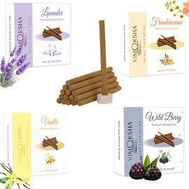 Dhoop-Incense-Stick-Variety-Pack-Total-240-Sticks-(4 Scents x 60 Sticks)-100%-Natural-Handmade-Free-Stand-Lavender-Wildberry-Frankincense-Vanilla-for-Purification-Relaxation-Positivity-Yoga-Meditation