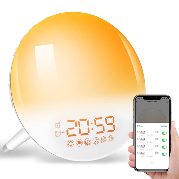 GHUSTAR Light Alarm Clock Wake Up Light – Daylight Alarm Clock with Sunrise Sunset 7 Colours 2 Alarm Clocks 7 Natural Sounds FM Radio 20 Brightness Levels LED Night Light for Adults