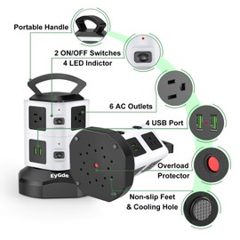 EyGde Power Strip Tower Surge Protector Retractable Cable, Multi Plug Electric Charging Station 13A 6 AC Outlets 3.1A 4 USB Ports, Upgrade from 6.5Ft to 10Ft Retractable Extension Cord for Home Office