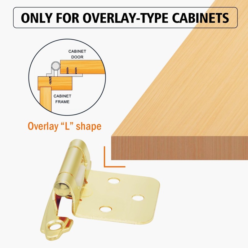 Gold Kitchen Cabinet Hinges 1/2" Overlay, 50 Pack (25 Pairs)