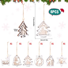 Norvens Wooden Christmas Ornaments, 6 Pieces Christmas Ornaments Christmas Hanging Ornaments Hollow Wood Carving Ornaments Elk Snowflake Pendant Christmas Tree Decoration DIY Crafts Gift