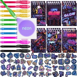 Tacobear UV Pen and Notebook Pack of 74 Neon Party Bags Children's Birthday Boys & Girls Mini Spiral Notepads Magic Pens Children for Luminous Party Give Aways Children's Birthday Party Favours