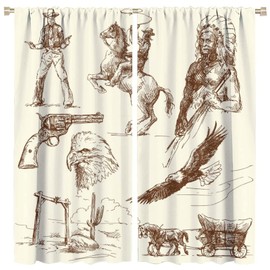 Cowboy Blackout Curtain, Retro Western Desert Window Drapes Cowboy Riding Horse Indian Eagle Rod Pocket Curtain for Bedroom Living Room Kitchen Office Decor,Total Size of The 2 Panels is 52x84in
