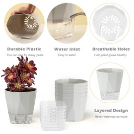 5 Pack Self Watering Plant Pots 5/6.7/8.4 In Self Watering Planters for indoor and Outdoor plants African Violet Self Watering Pots Clear Pots for Plants Herb Orchid Flower Houseplant Pots, Light Grey