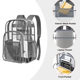 PAMANO Clear Backpack Transparent Heavy Duty See Through Bag for College Work Travel Security, Gray