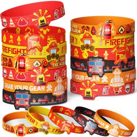 24 PCS Firefighter Party Favors Birthday Supplies for Kids Unique Self-Design Firefighter Print Silicone Bracelets Boy Girl Bulk Toy Gift Goodie Bag Stuffers Pinata Filler Classroom Rewards