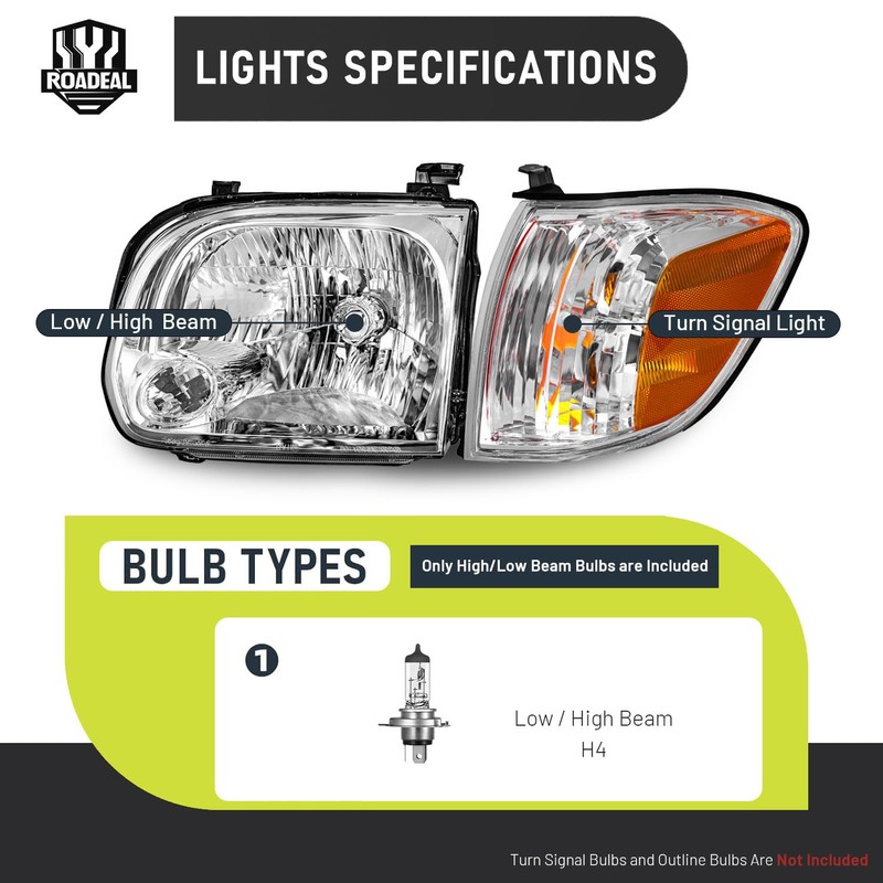 ROADEAL Headlights W/Bulbs for 2005 2006 Tundra Double Cab SR5/Limited(NOT