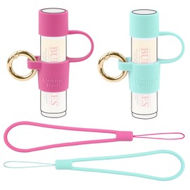 Desing Wish 2 PCS Silicone Lip Balm Holder with Cap Cover Portable Chapstick Holder Keychain Sleeve Lip Balm Key Chain with Key Ring and Wrist Strap Lanyard - Rose/Mint Green