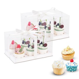 PFAMKEER 3Pcs Clear Cupcake Boxes,6 Count Cupcake Containers with Gift Ribbon,Plastic Cupcake Carrier Holder for Dessert Cookies Muffins Pastry (Clear/White, 6 count/3 pcs)