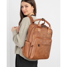 MASINTOR Leather Laptop Backpack for Women, Stylish Computer Backpack College Business Work Shoulder Bags Work and Travel Mocha Brown