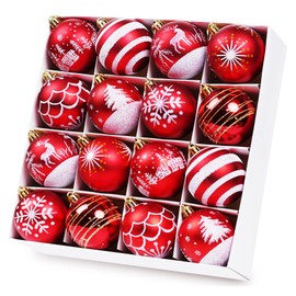 HOUISM Christmas Baubles with Paintings and Sparkling as Traditional Hand-Painted Theme Red White Christmas Tree Baubles Plastic Christmas Decoration with Hanger, Handmade for Christmas Party Decoration 60 mm