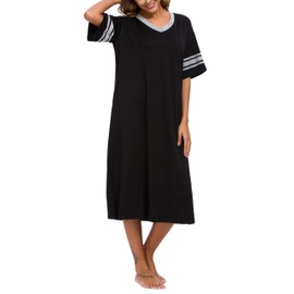 Vslarh Women's Nightgown Long Loungewear Short Sleeve Sleepshirt V Neck Pajama Dress with Pockets S-3XL Black