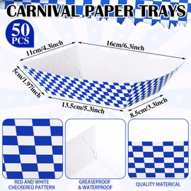 Geosar 100 Pcs Gingham Party Supplies Disposable Paper Food Trays Bulk Disposable Food Boat with Checkered Wax Paper Sheet Checkered Wrapping Supply for Carnival Picnic Birthday Party(Blue)