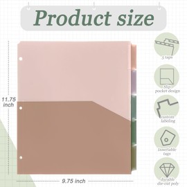 Janlaugh 4 Sets 5 Tab Plastic Binder Dividers Plastic Index with Pockets for 3 Ring Binders 9 3/4 x 11 1/2 Inches 3 Hole Punched Page Dividers Sturdy Colorful Dividers for Office
