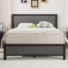 VECELO Queen Size Bed Frame with Upholstered Headboard, Heavy-Duty Platform with Strong Steel Slats, No Box Spring Needed, Easy Assembly, Grey & Black