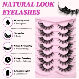 AddFavor False Eyelashes Cat Eye Lashes Wispy Fluffy Faux Clear Band Lashes Natural Look Fake Eyelashes 7 Pairs Pack D Curl Lashes