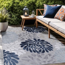 LuuL Home Floral Indoor Outdoor Rugs 8x10 Large Area Rug for Living Room, Patio Decor, Kitchen, and Entryway Rug, Washable Stain Resistant Outside Carpet Blue 8 x 10