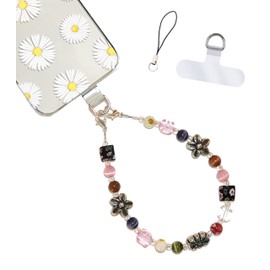 Hidden Hollow Beads Cell phone charm Wrist strap tether tab wristlet anti-drop hands free fits most cases and accessories (Multi With Flower)