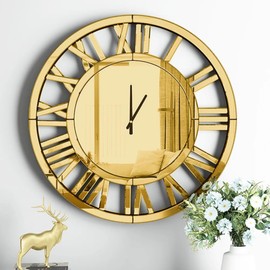 SHYFOY 23.6" Gold Mirrored Wall Clock, Decorative Wall Clock with Roman Numerals, Living Room Wall Clocks, Christmas-Gold Wall Decor, Kitchen Office Home Decor Battery Powered