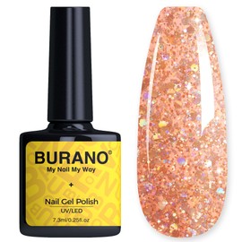 BURANO Glitter Gel Nail Polish, LED UV Nail Gel Shimmer Holographic Effect Soak off Gel Curing Required, No Chip Gel Polish Sparkle Gel Home DIY Nail Salon (Champagne LP23)