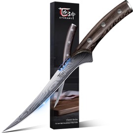 SYOKAMI Fillet Knife, Razor Sharp 7.2 Inch Boning Knife, High Carbon Stainless Steel Filet Knives with High Flexibility, Wooden Handle, Full Tang Damascus Pattern Fishing Knives, Christmas Gift