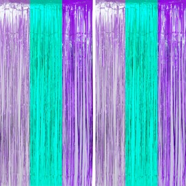 Teal Purple Tinsel Foil Fringe Curtains - Under The Sea Baby Shower Birthday Photo Backdrops Wedding Summer Beach Pool Party Decor Photo Booth Props Backdrops Decorations, 2PC