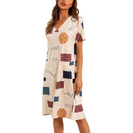 YYA Women's V Neck Nightgowns Short Sleeve Loose Sleepwear with Pocket Comfy Nightshirt, Yelleow Color Block Apricot