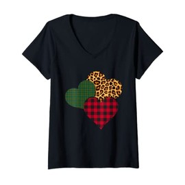Womens Plaid Hearts, Vintage Leopard Print Tee for Valentine's Day V-Neck T-Shirt