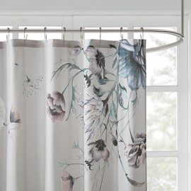 Madison Park Cassandra Cotton Percale Bathroom Shower, Printed Floral Design Modern Shabby Chic Privacy Bath Fabric Curtains, 72"x72", Blue