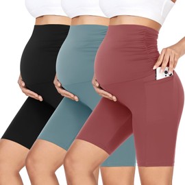 GROTEEN - Paquete de 3 pantalones cortos de maternidad para mujer sobre el vientre con bolsillos, cintura alta de 8 pulgadas, pantalones cortos para entrenamiento, yoga, embarazo y motociclista